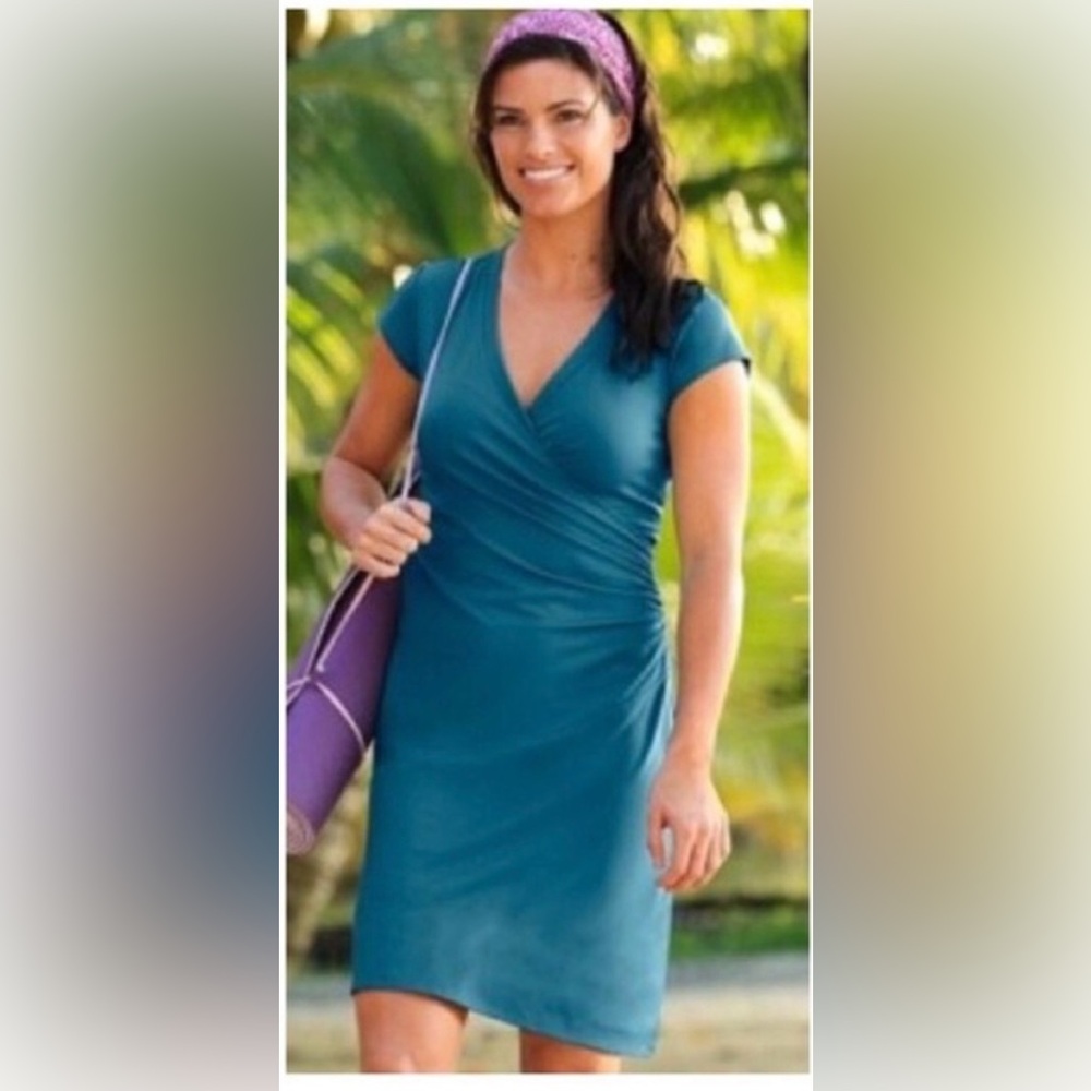 Athleta Blue Faux Wrap Ruched Midi Dress Sz Large Petite
